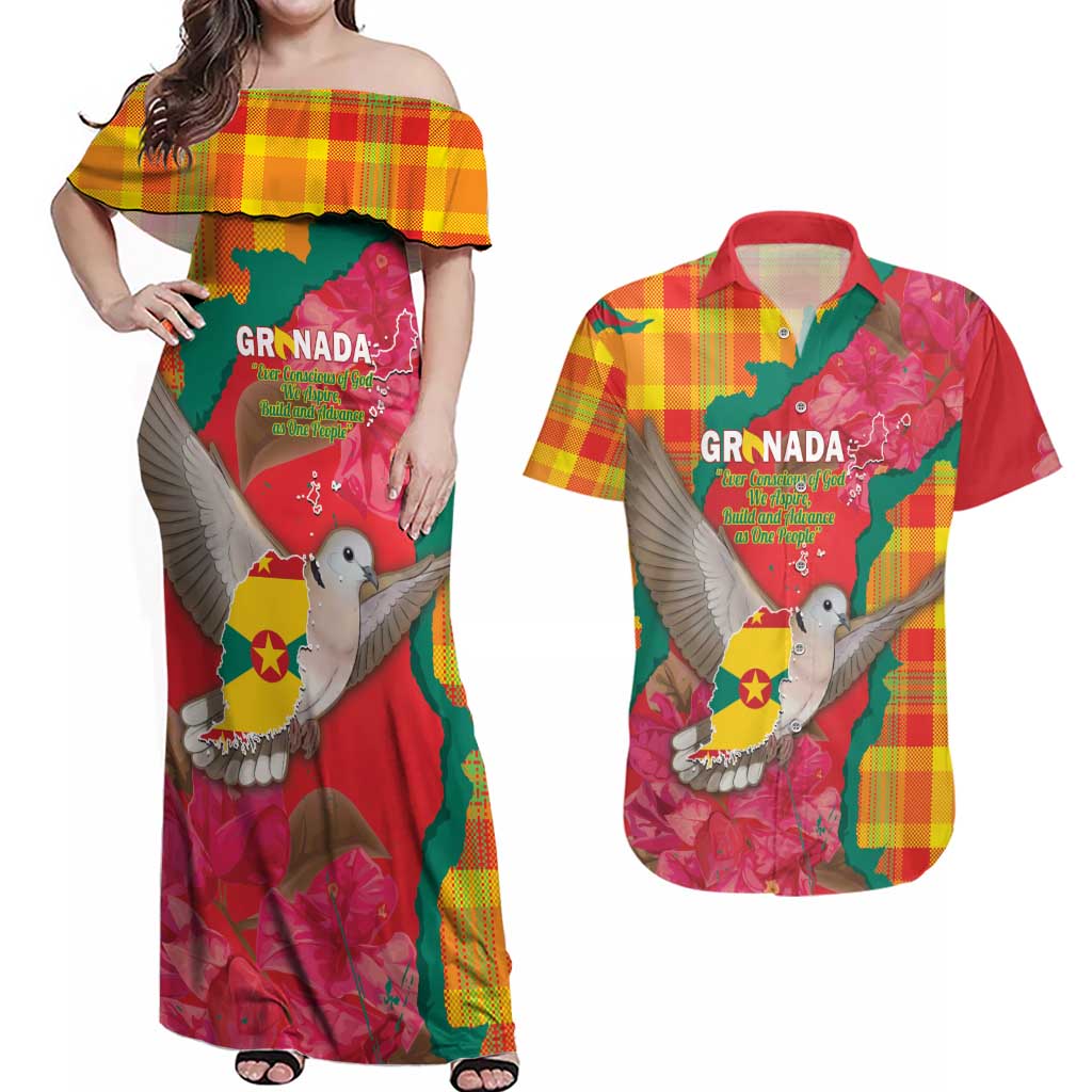 Grenada Independence Day Personalized Couples Matching Off Shoulder Maxi Dress and Hawaiian Shirt Tropical Dove Bougainvillea Madras Pattern
