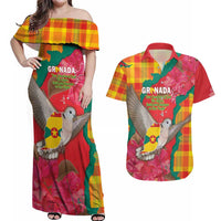 Grenada Independence Day Personalized Couples Matching Off Shoulder Maxi Dress and Hawaiian Shirt Tropical Dove Bougainvillea Madras Pattern