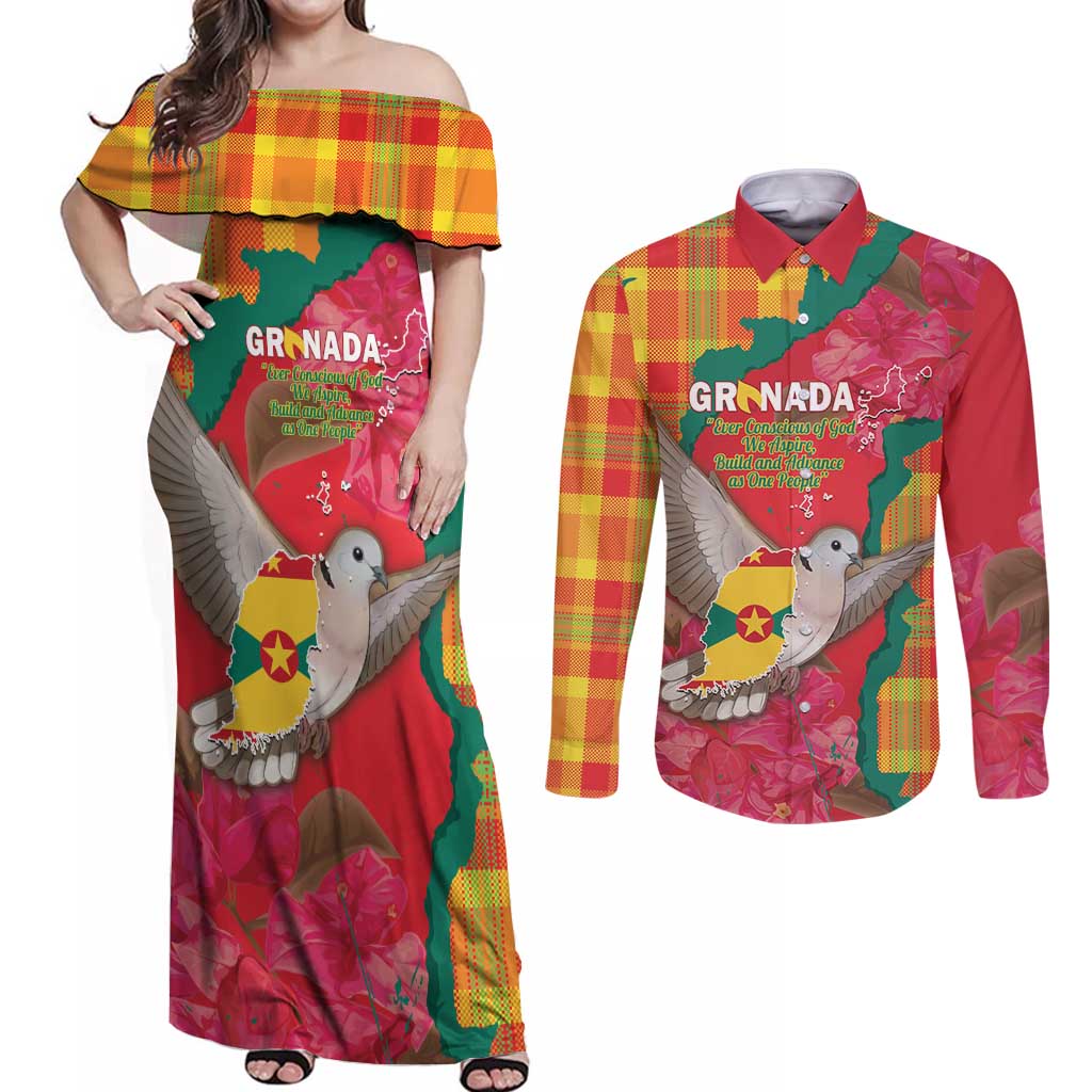 Grenada Independence Day Personalized Couples Matching Off Shoulder Maxi Dress and Long Sleeve Button Shirt Tropical Dove Bougainvillea Madras Pattern