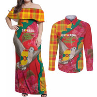 Grenada Independence Day Personalized Couples Matching Off Shoulder Maxi Dress and Long Sleeve Button Shirt Tropical Dove Bougainvillea Madras Pattern
