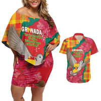 Grenada Independence Day Personalized Couples Matching Off Shoulder Short Dress and Hawaiian Shirt Tropical Dove Bougainvillea Madras Pattern
