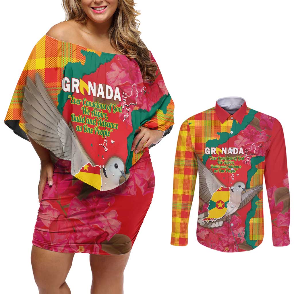 Grenada Independence Day Personalized Couples Matching Off Shoulder Short Dress and Long Sleeve Button Shirt Tropical Dove Bougainvillea Madras Pattern