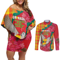 Grenada Independence Day Personalized Couples Matching Off Shoulder Short Dress and Long Sleeve Button Shirt Tropical Dove Bougainvillea Madras Pattern