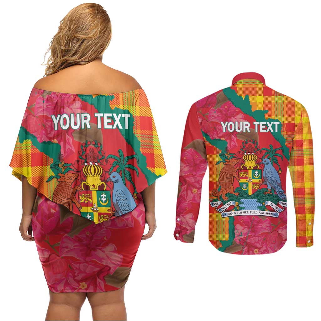 Grenada Independence Day Personalized Couples Matching Off Shoulder Short Dress and Long Sleeve Button Shirt Tropical Dove Bougainvillea Madras Pattern