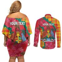Grenada Independence Day Personalized Couples Matching Off Shoulder Short Dress and Long Sleeve Button Shirt Tropical Dove Bougainvillea Madras Pattern