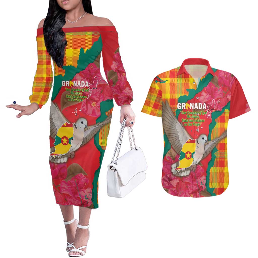 Grenada Independence Day Personalized Couples Matching Off The Shoulder Long Sleeve Dress and Hawaiian Shirt Tropical Dove Bougainvillea Madras Pattern