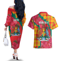 Grenada Independence Day Personalized Couples Matching Off The Shoulder Long Sleeve Dress and Hawaiian Shirt Tropical Dove Bougainvillea Madras Pattern