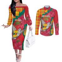 Grenada Independence Day Personalized Couples Matching Off The Shoulder Long Sleeve Dress and Long Sleeve Button Shirt Tropical Dove Bougainvillea Madras Pattern
