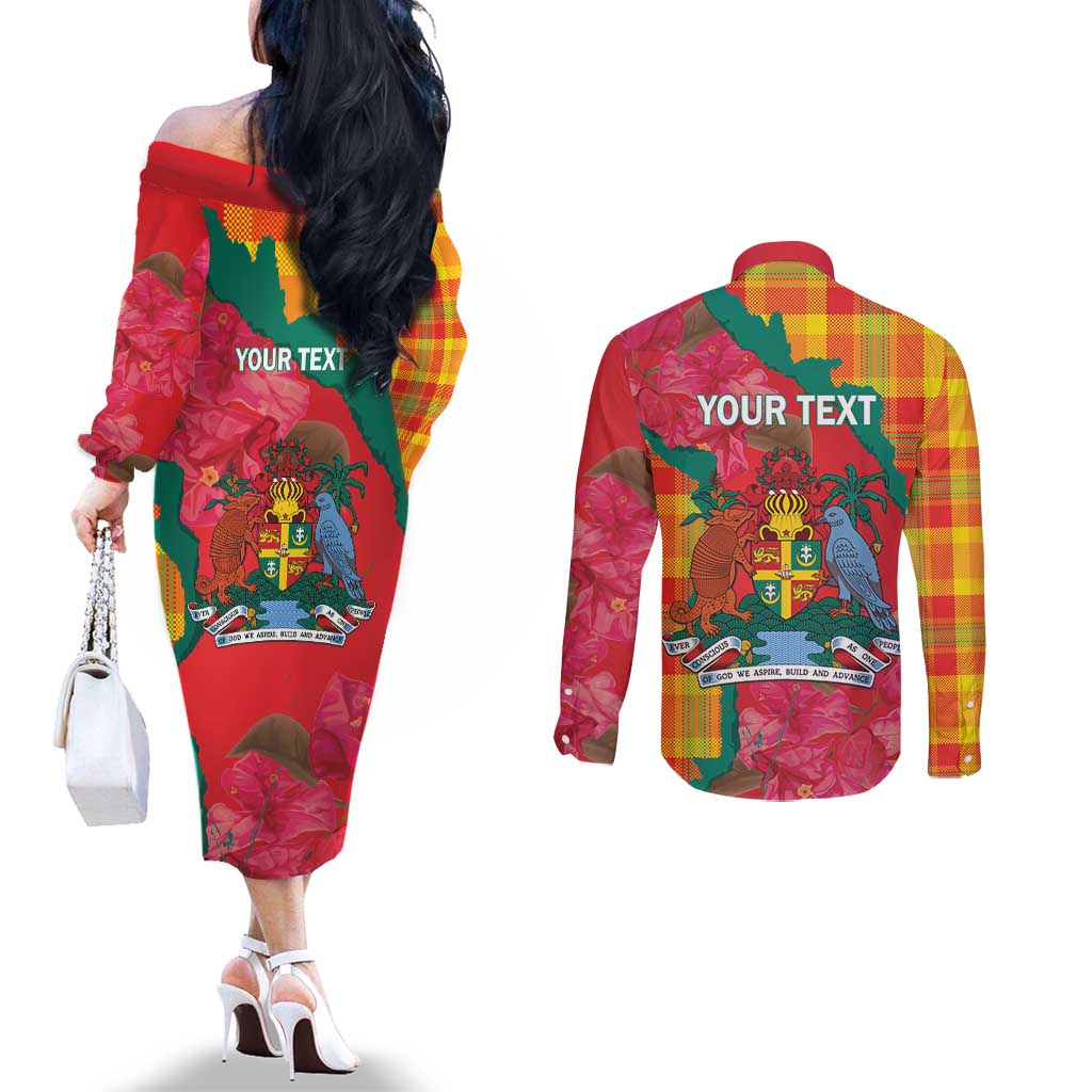 Grenada Independence Day Personalized Couples Matching Off The Shoulder Long Sleeve Dress and Long Sleeve Button Shirt Tropical Dove Bougainvillea Madras Pattern