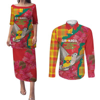 Grenada Independence Day Personalized Couples Matching Puletasi and Long Sleeve Button Shirt Tropical Dove Bougainvillea Madras Pattern