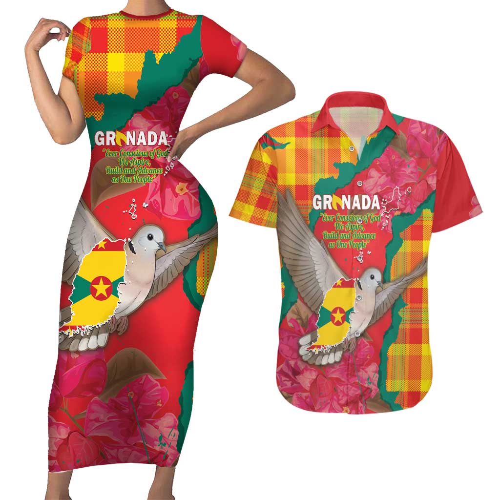 Grenada Independence Day Personalized Couples Matching Short Sleeve Bodycon Dress and Hawaiian Shirt Tropical Dove Bougainvillea Madras Pattern