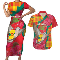 Grenada Independence Day Personalized Couples Matching Short Sleeve Bodycon Dress and Hawaiian Shirt Tropical Dove Bougainvillea Madras Pattern
