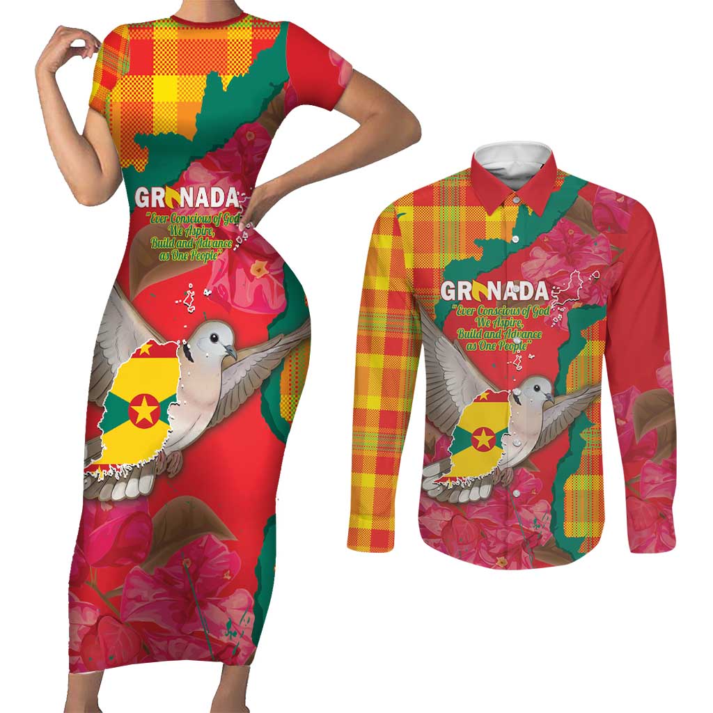 Grenada Independence Day Personalized Couples Matching Short Sleeve Bodycon Dress and Long Sleeve Button Shirt Tropical Dove Bougainvillea Madras Pattern