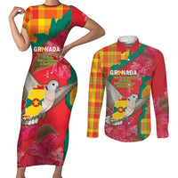 Grenada Independence Day Personalized Couples Matching Short Sleeve Bodycon Dress and Long Sleeve Button Shirt Tropical Dove Bougainvillea Madras Pattern