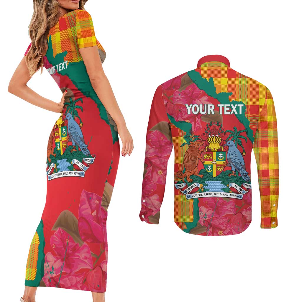Grenada Independence Day Personalized Couples Matching Short Sleeve Bodycon Dress and Long Sleeve Button Shirt Tropical Dove Bougainvillea Madras Pattern
