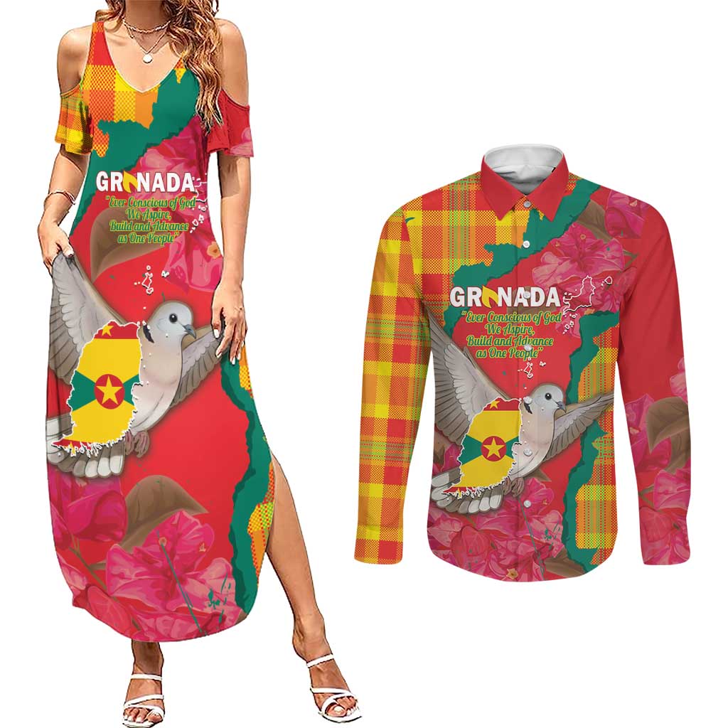 Grenada Independence Day Personalized Couples Matching Summer Maxi Dress and Long Sleeve Button Shirt Tropical Dove Bougainvillea Madras Pattern