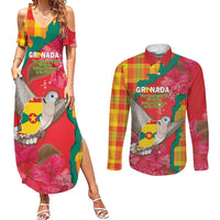 Grenada Independence Day Personalized Couples Matching Summer Maxi Dress and Long Sleeve Button Shirt Tropical Dove Bougainvillea Madras Pattern