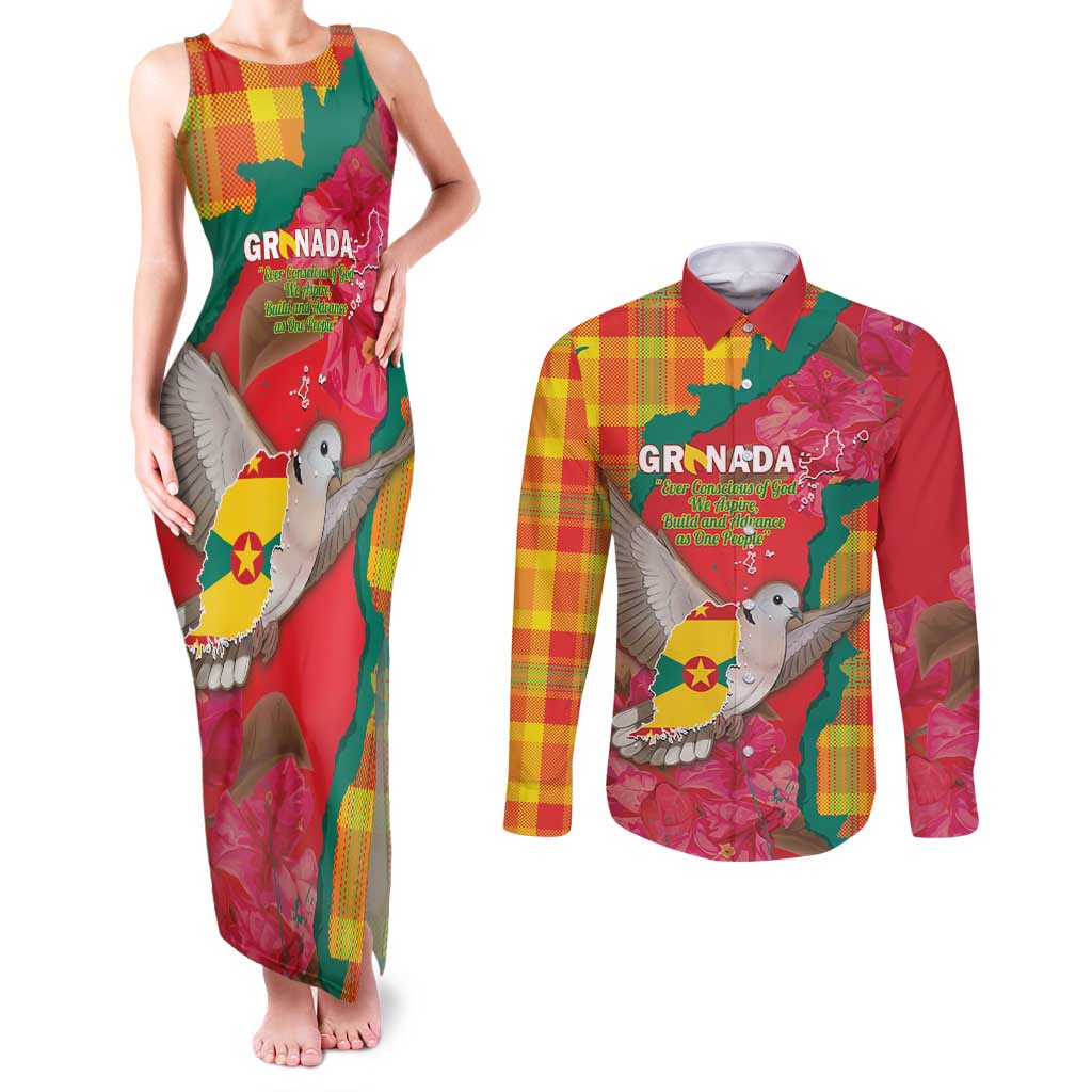 Grenada Independence Day Personalized Couples Matching Tank Maxi Dress and Long Sleeve Button Shirt Tropical Dove Bougainvillea Madras Pattern