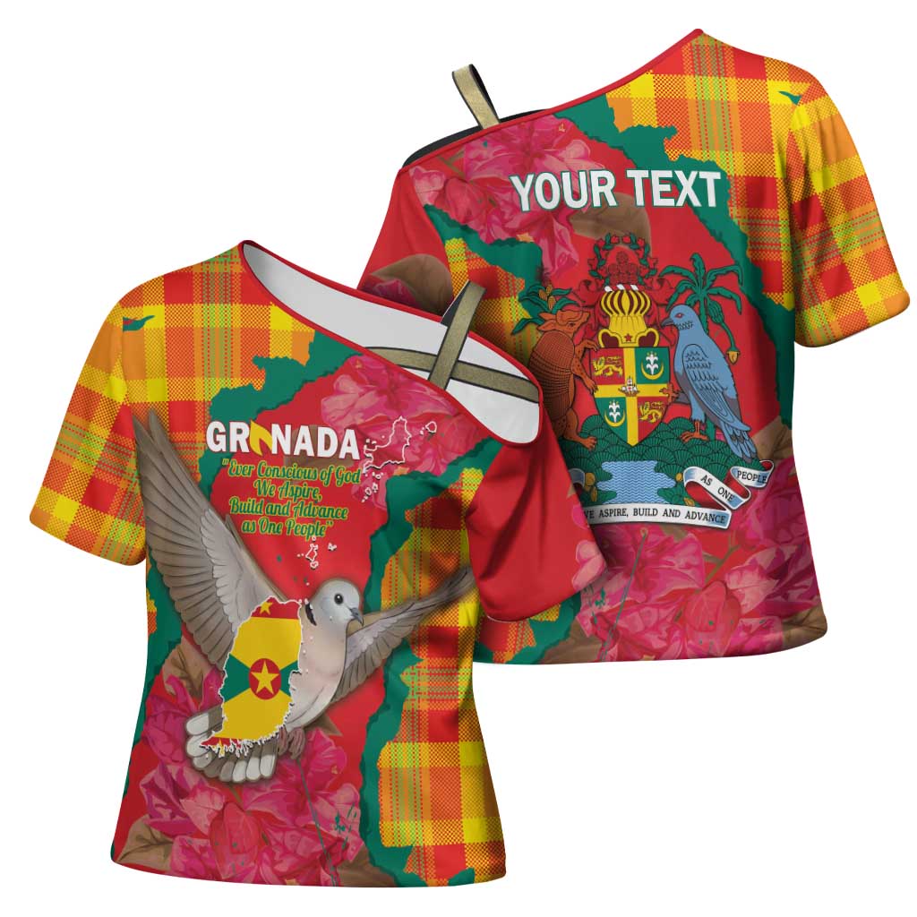Grenada Independence Day Personalized Cross Shoulder Shirt Tropical Dove Bougainvillea Madras Pattern