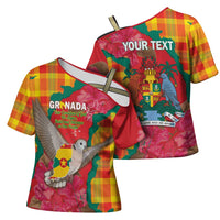 Grenada Independence Day Personalized Cross Shoulder Shirt Tropical Dove Bougainvillea Madras Pattern