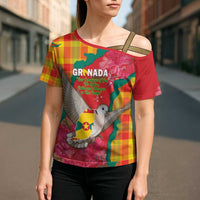 Grenada Independence Day Personalized Cross Shoulder Shirt Tropical Dove Bougainvillea Madras Pattern
