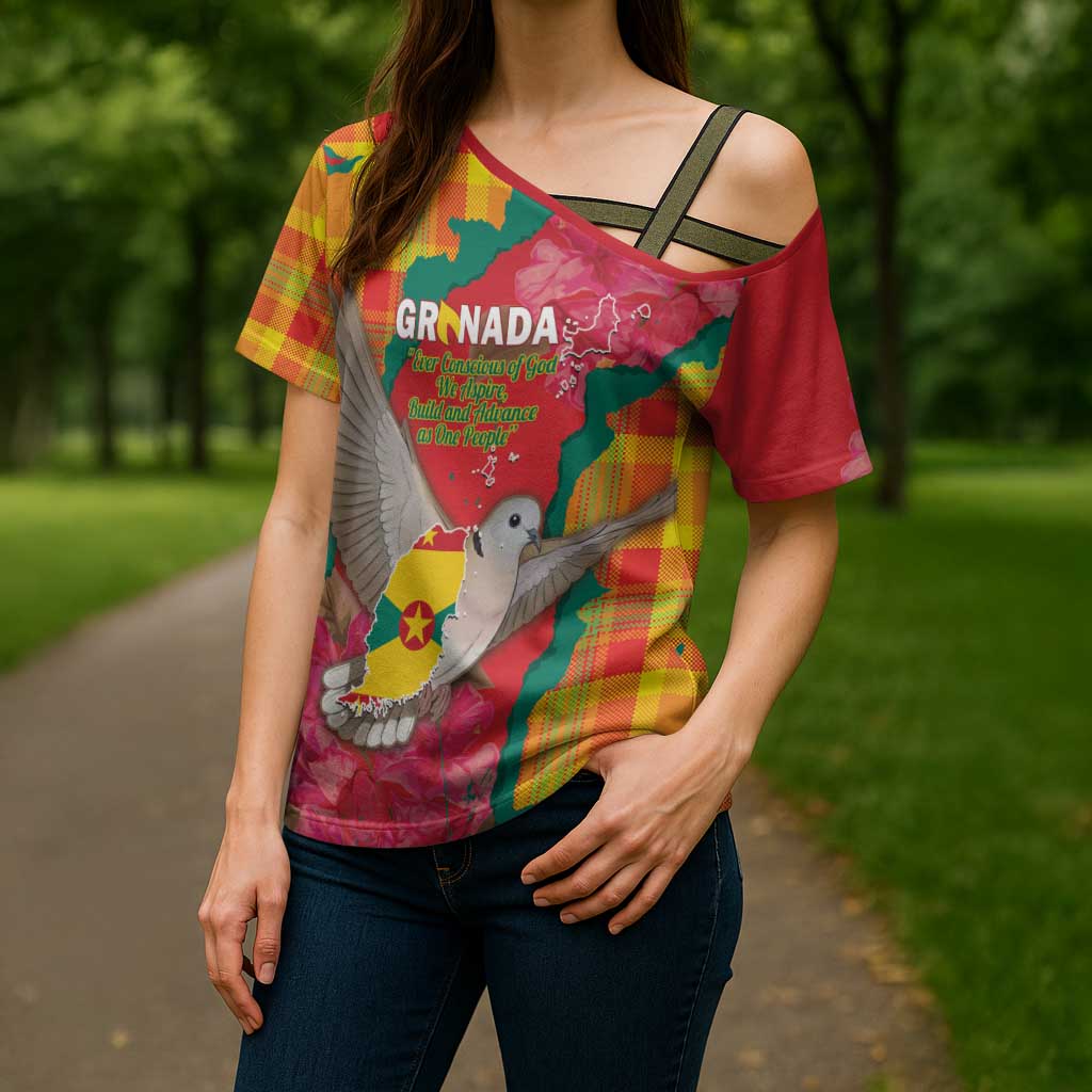 Grenada Independence Day Personalized Cross Shoulder Shirt Tropical Dove Bougainvillea Madras Pattern