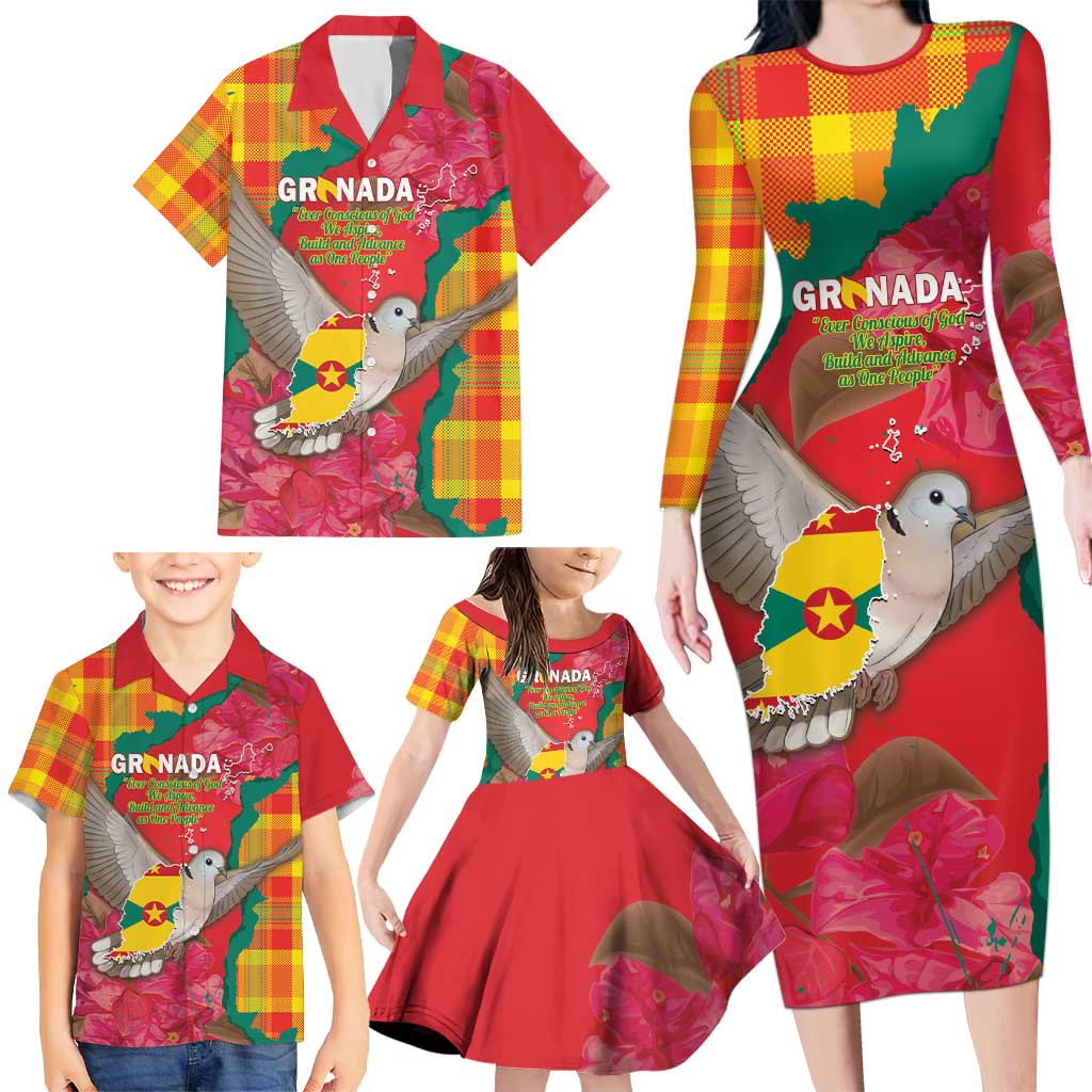 Grenada Independence Day Personalized Family Matching Long Sleeve Bodycon Dress and Hawaiian Shirt Tropical Dove Bougainvillea Madras Pattern