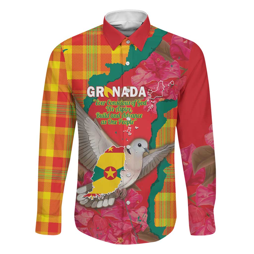 Grenada Independence Day Personalized Family Matching Long Sleeve Bodycon Dress and Hawaiian Shirt Tropical Dove Bougainvillea Madras Pattern