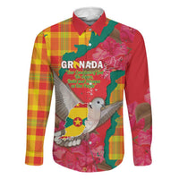 Grenada Independence Day Personalized Family Matching Long Sleeve Bodycon Dress and Hawaiian Shirt Tropical Dove Bougainvillea Madras Pattern