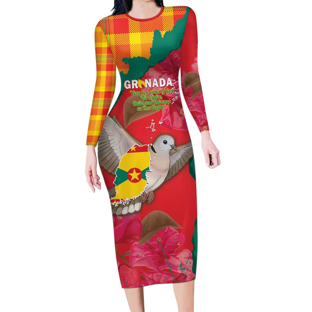 Grenada Independence Day Personalized Family Matching Long Sleeve Bodycon Dress and Hawaiian Shirt Tropical Dove Bougainvillea Madras Pattern