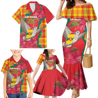 Grenada Independence Day Personalized Family Matching Mermaid Dress and Hawaiian Shirt Tropical Dove Bougainvillea Madras Pattern