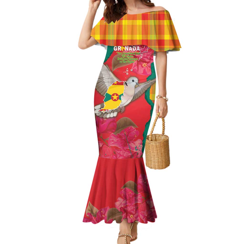 Grenada Independence Day Personalized Family Matching Mermaid Dress and Hawaiian Shirt Tropical Dove Bougainvillea Madras Pattern