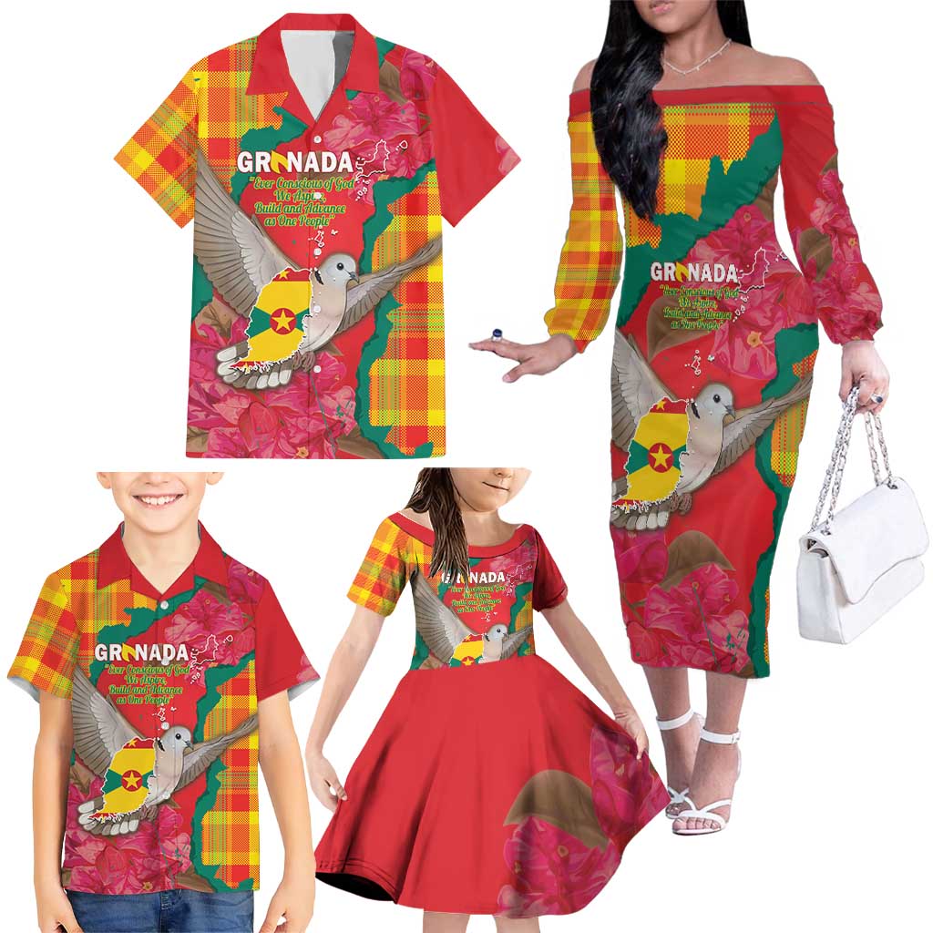 Grenada Independence Day Personalized Family Matching Off The Shoulder Long Sleeve Dress and Hawaiian Shirt Tropical Dove Bougainvillea Madras Pattern