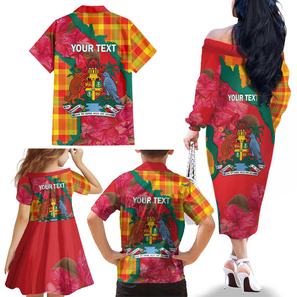 Grenada Independence Day Personalized Family Matching Off The Shoulder Long Sleeve Dress and Hawaiian Shirt Tropical Dove Bougainvillea Madras Pattern