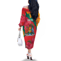 Grenada Independence Day Personalized Family Matching Off The Shoulder Long Sleeve Dress and Hawaiian Shirt Tropical Dove Bougainvillea Madras Pattern