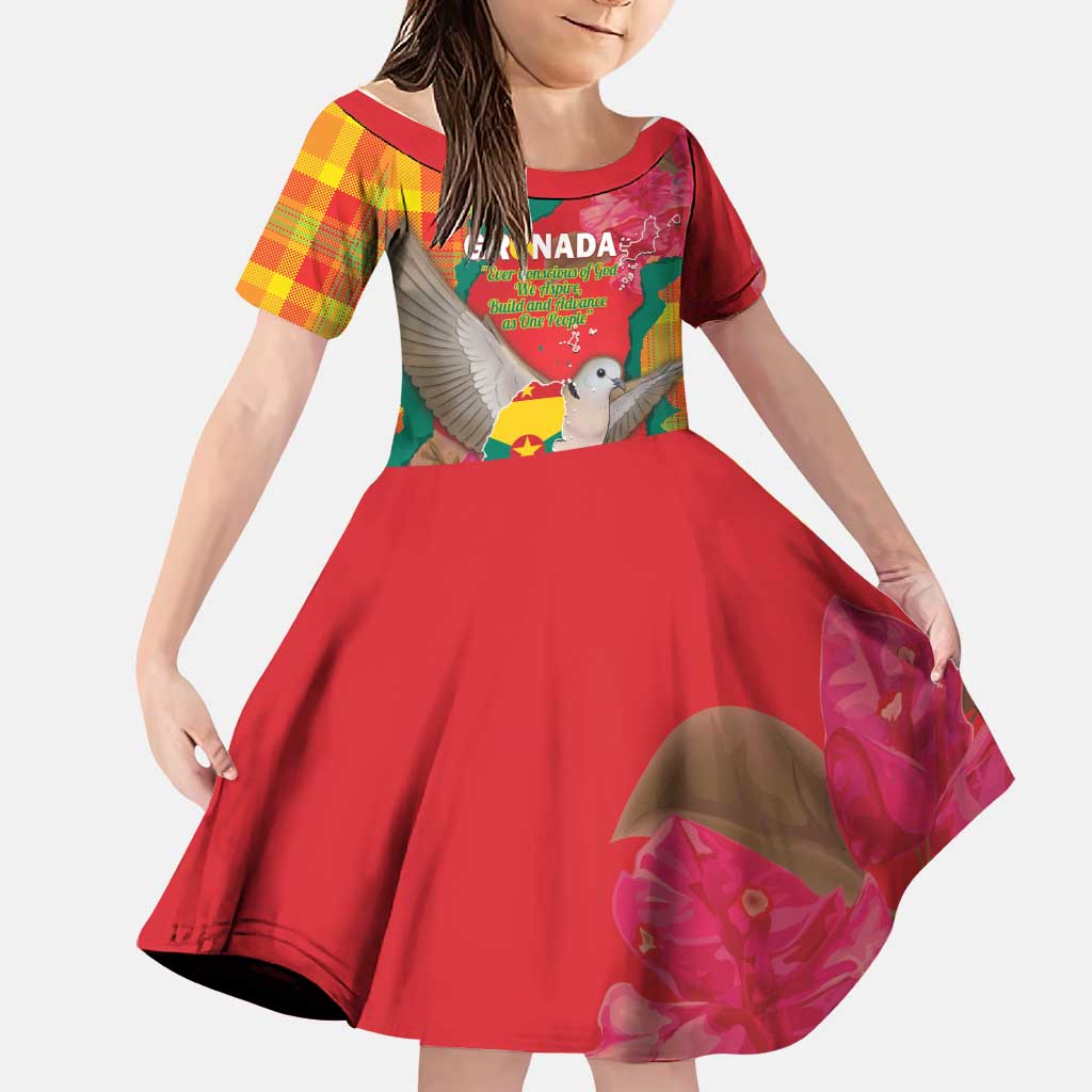 Grenada Independence Day Personalized Family Matching Off Shoulder Maxi Dress and Hawaiian Shirt Tropical Dove Bougainvillea Madras Pattern