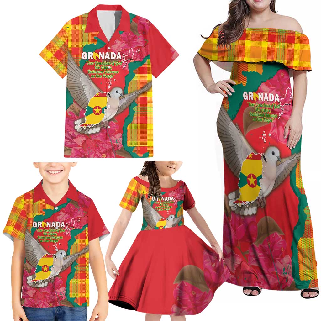 Grenada Independence Day Personalized Family Matching Off Shoulder Maxi Dress and Hawaiian Shirt Tropical Dove Bougainvillea Madras Pattern