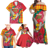 Grenada Independence Day Personalized Family Matching Off Shoulder Maxi Dress and Hawaiian Shirt Tropical Dove Bougainvillea Madras Pattern