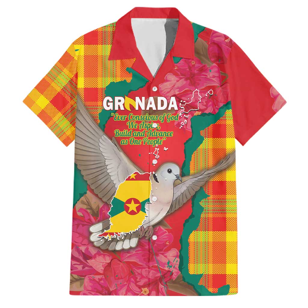 Grenada Independence Day Personalized Family Matching Off Shoulder Maxi Dress and Hawaiian Shirt Tropical Dove Bougainvillea Madras Pattern