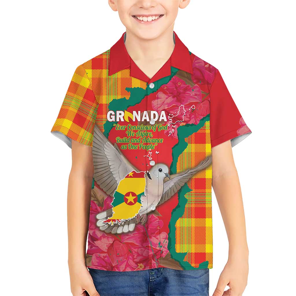 Grenada Independence Day Personalized Family Matching Off Shoulder Maxi Dress and Hawaiian Shirt Tropical Dove Bougainvillea Madras Pattern