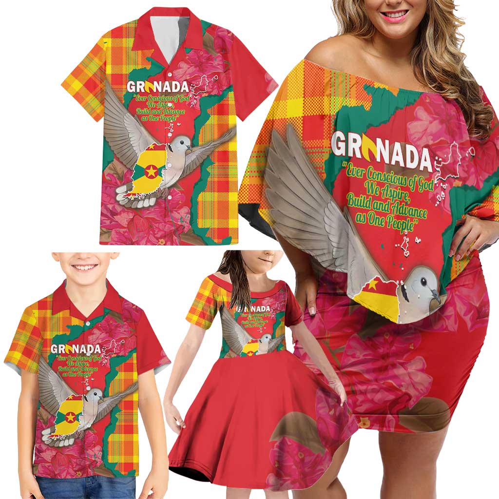 Grenada Independence Day Personalized Family Matching Off Shoulder Short Dress and Hawaiian Shirt Tropical Dove Bougainvillea Madras Pattern