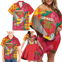 Grenada Independence Day Personalized Family Matching Off Shoulder Short Dress and Hawaiian Shirt Tropical Dove Bougainvillea Madras Pattern
