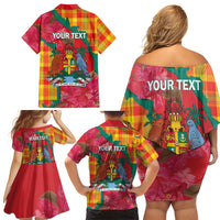Grenada Independence Day Personalized Family Matching Off Shoulder Short Dress and Hawaiian Shirt Tropical Dove Bougainvillea Madras Pattern