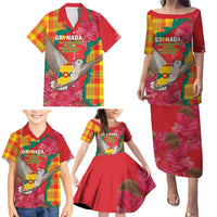 Grenada Independence Day Personalized Family Matching Puletasi and Hawaiian Shirt Tropical Dove Bougainvillea Madras Pattern
