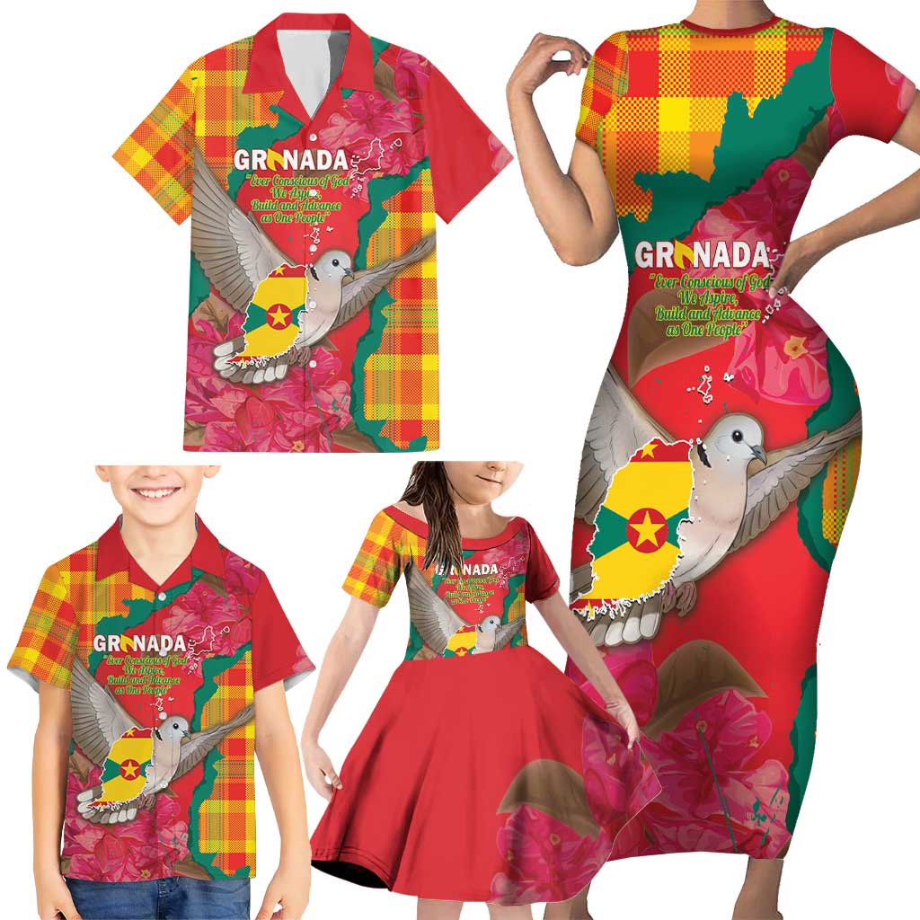 Grenada Independence Day Personalized Family Matching Short Sleeve Bodycon Dress and Hawaiian Shirt Tropical Dove Bougainvillea Madras Pattern