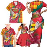 Grenada Independence Day Personalized Family Matching Short Sleeve Bodycon Dress and Hawaiian Shirt Tropical Dove Bougainvillea Madras Pattern