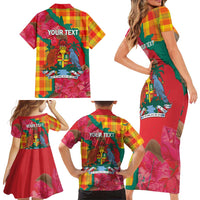 Grenada Independence Day Personalized Family Matching Short Sleeve Bodycon Dress and Hawaiian Shirt Tropical Dove Bougainvillea Madras Pattern