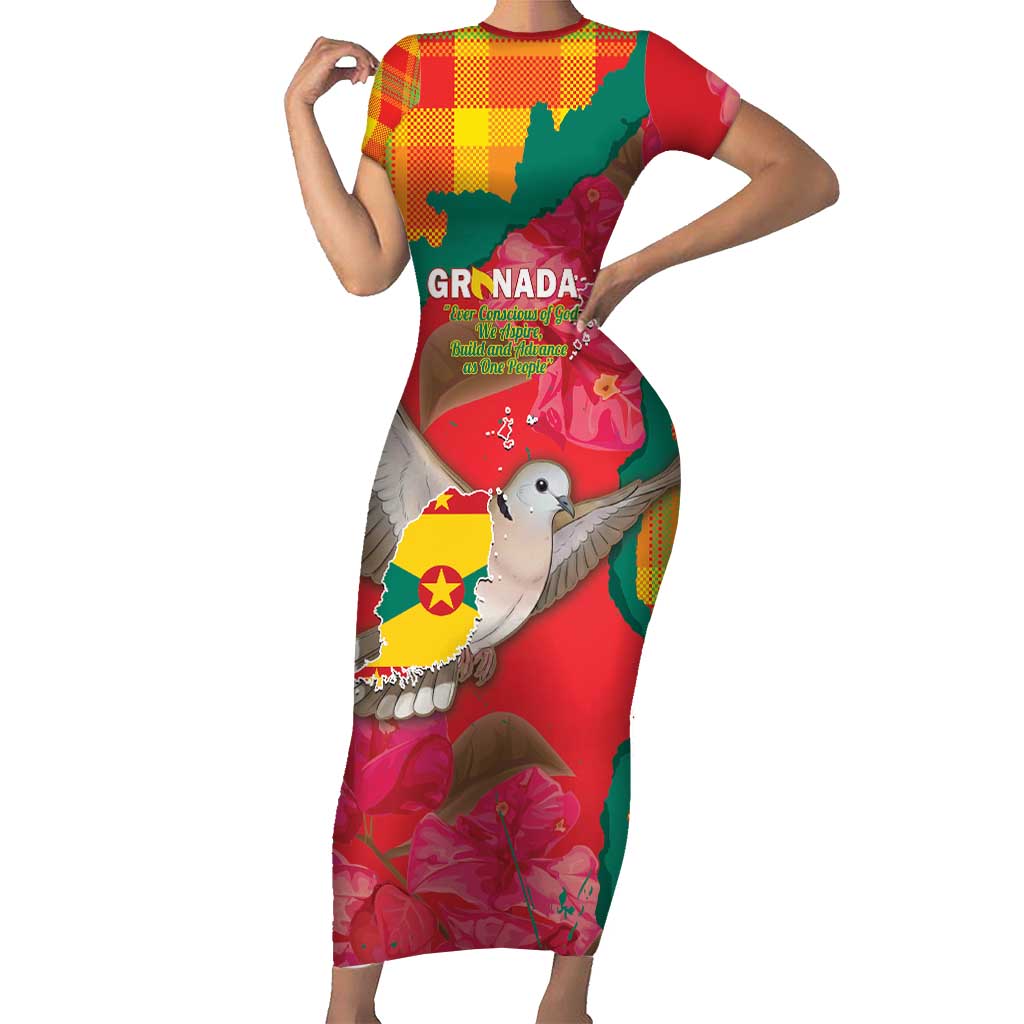 Grenada Independence Day Personalized Family Matching Short Sleeve Bodycon Dress and Hawaiian Shirt Tropical Dove Bougainvillea Madras Pattern