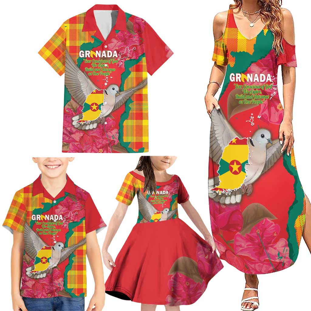 Grenada Independence Day Personalized Family Matching Summer Maxi Dress and Hawaiian Shirt Tropical Dove Bougainvillea Madras Pattern