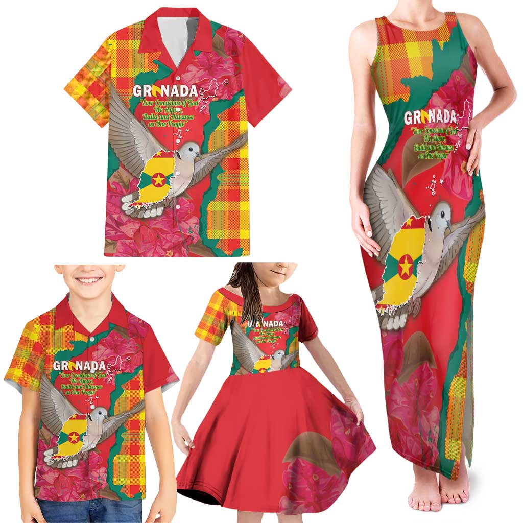 Grenada Independence Day Personalized Family Matching Tank Maxi Dress and Hawaiian Shirt Tropical Dove Bougainvillea Madras Pattern